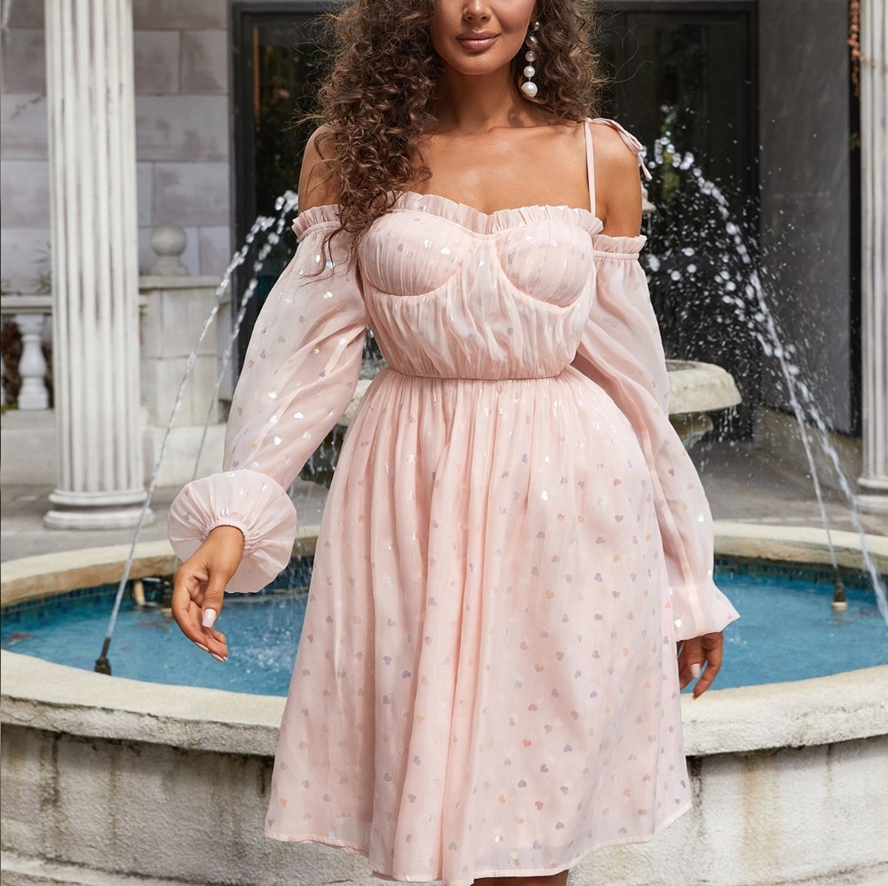 Heart Print Cold-Shoulder Mini Dress